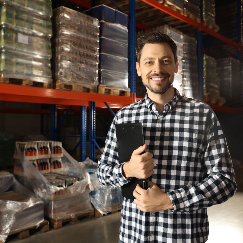 Male employee in distributor warehouse holding a clipboard and smiling.